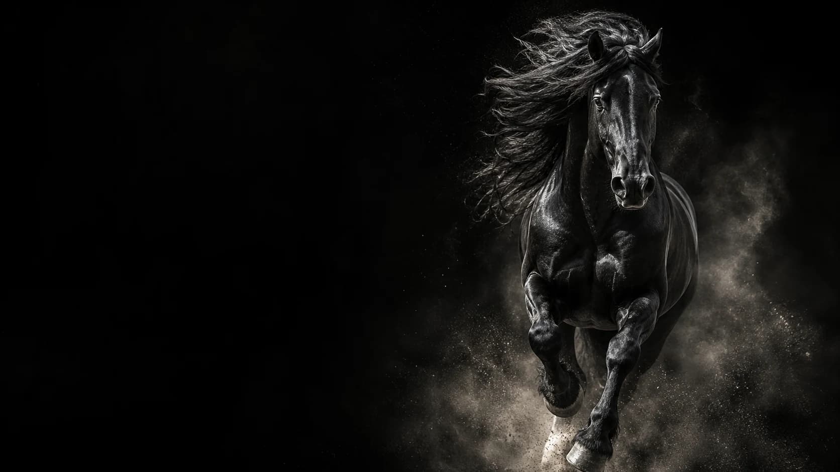 Black horse in motion representing strength and progress